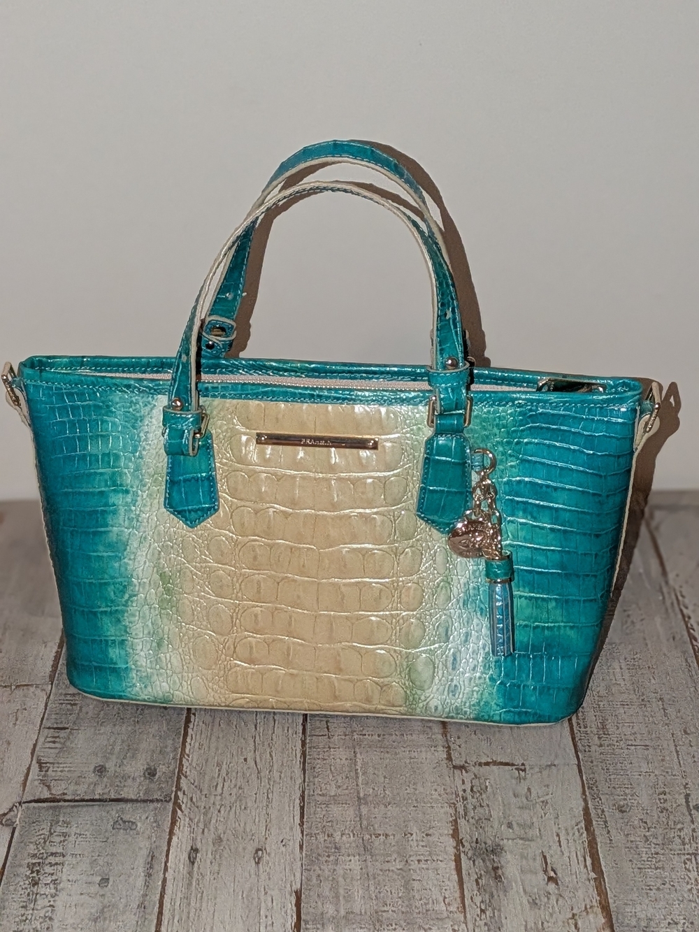 Brahmin Asher Turquoise & Cream Croc-Embossed Satchel Handbag